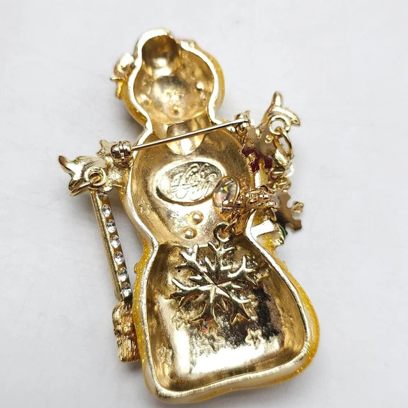 Kirks Folly Gold Snowman Brooch With Rhinestones Snowflakes Floral Accents - Picture 5 of 6